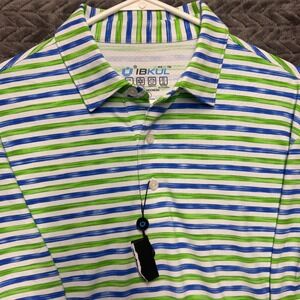 IBKUL Golf Polo Shirt Blue Green Striped UPF 50+ Vardon Golf Club Large (1537)
